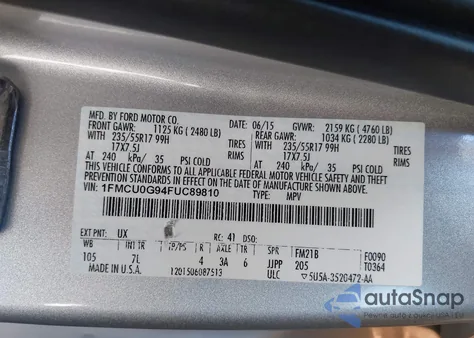 2015 Ford Escape Se z USA, uszkodzony, nr VIN 1FMCU0G94FUC89810